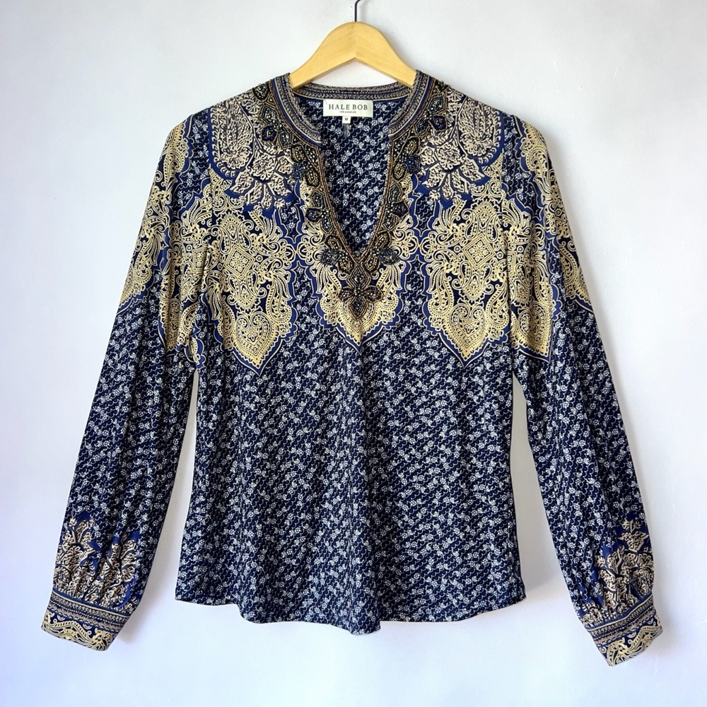 Hale‎ Bob Split Neck Blue Bohemian Paisley Patterned Beaded Top Sz Medium